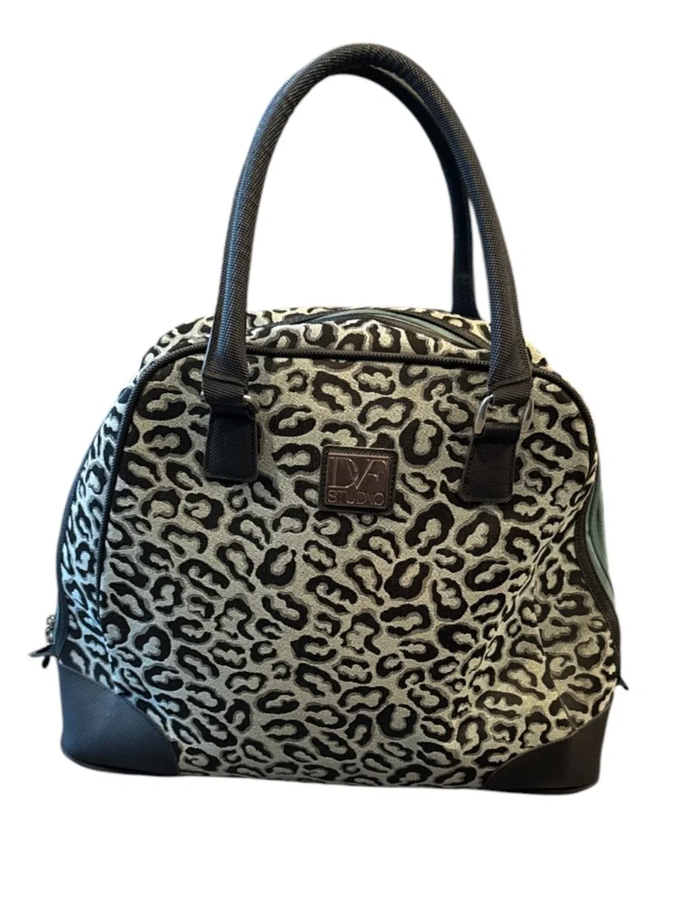 DVF Studio Grey Black Leopard Satchel Weekender Travel Tote Bag